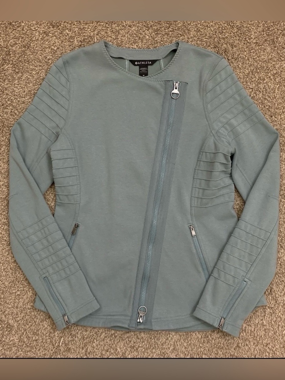 Athleta Moto Jacket Womens Medium Green Casual Asymmetrical Zip Stretch Lined